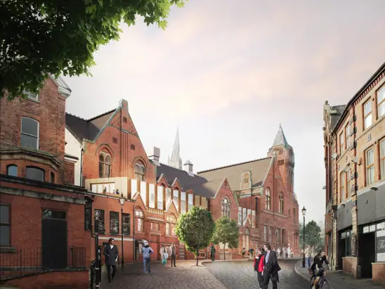 An artists sketch of what the Stephenson Memorial Hall will look like when it is finished. The building is clean and there is a new extension on top with glass windows.