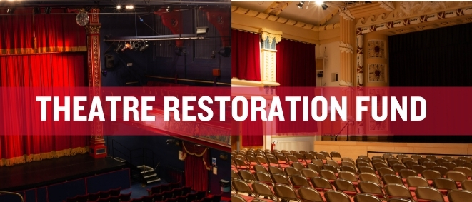 The Pomegranate Theatre auditorium juxtaposed with the Winding Wheel auditorium with the text 'THEATRE RESTORATION FUND'