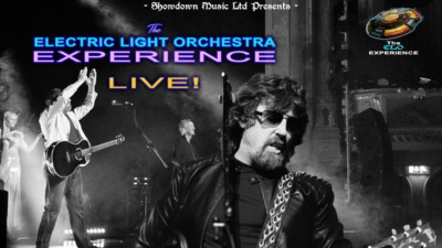 A black and white image of The Elo Experience performing with purple and blue text reading 'The ELO Experience Live'