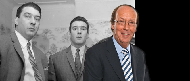 A headshot of Fred Dinenage against a black and white photograph of Ronnie and Reggie Kray. 