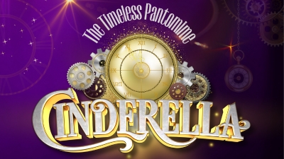 A sparkly purple background with a golden clock and text reading Cinderella. 