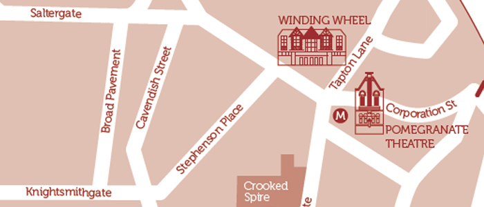 A map of Chesterfield Town Centre detailing the Pomegranate Theatre and Winding Wheel Theatre