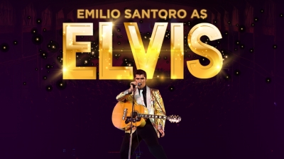 Emilio Santoro as Elvis holds a guitar in front of neon gold text reading 'Elvis'