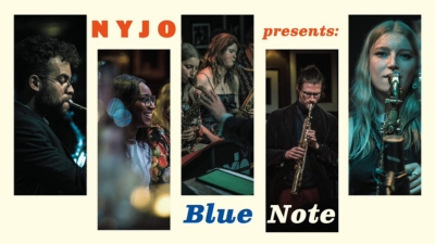 A collage of images of the NYJO with orange and blue text reading NYJO Presents Blue Note