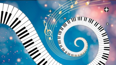 A blue and purle backdrop with a keyboard swirl. 