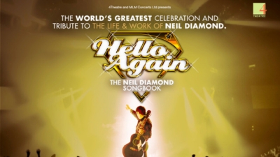 A golden background with Hello Again the Neil Diamond Songbook in white text. 